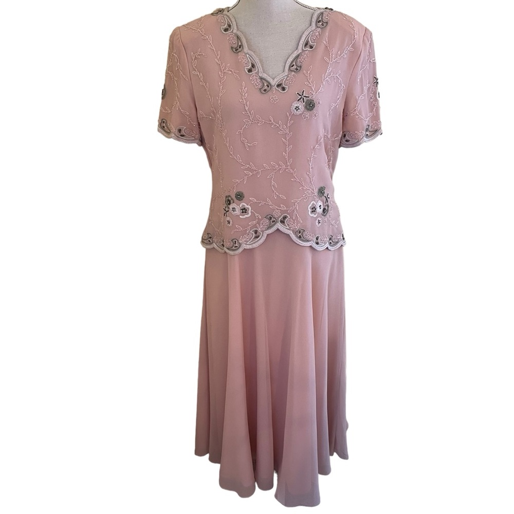 Laurence Kozar Pale Pink Beaded Bodice Maxi Dress with Chiffon Skirt